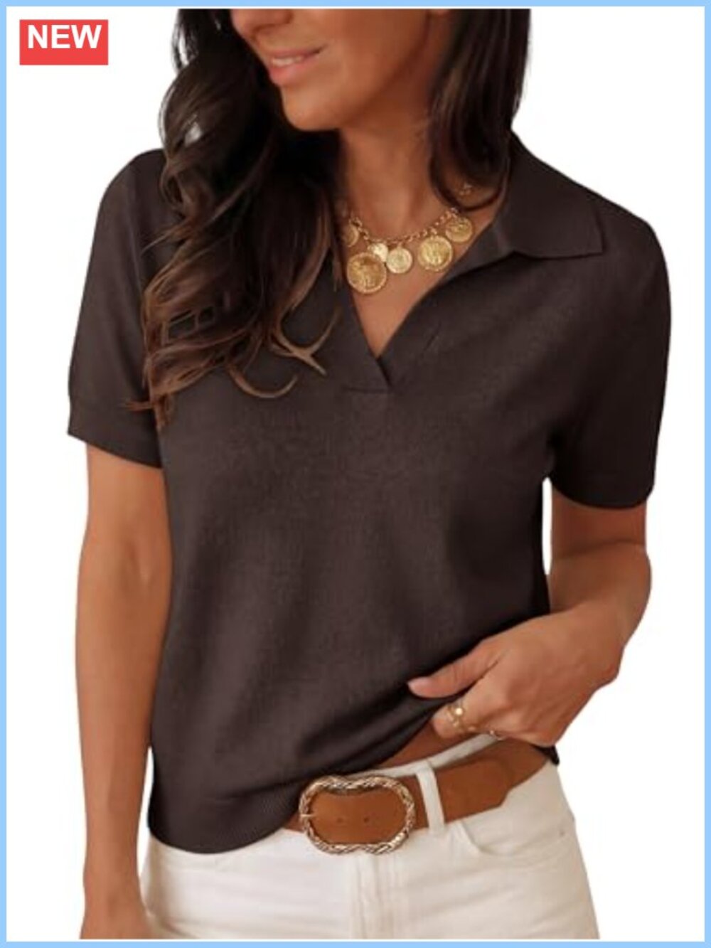 Women's Short Sleeve Wool Blend Polo Sweater V-Neck Business Casual Pullover